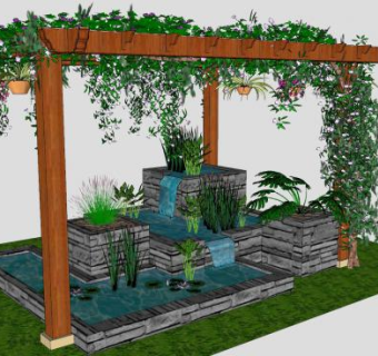 藤架花架流水喷泉SU模型下载_sketchup草图大师SKP模型