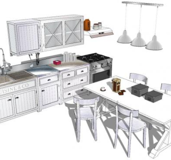 现代美式厨房餐厅SU模型下载_sketchup草图大师SKP模型