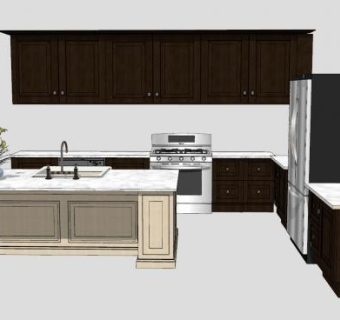 美式开放式厨房橱柜SU模型下载_sketchup草图大师SKP模型