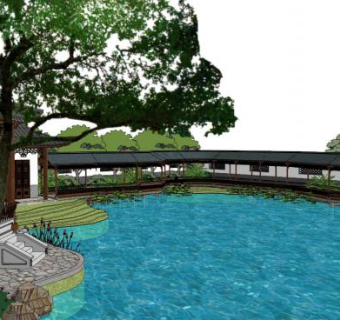 中式池湖景观设计su模型下载_sketchup草图大师SKP模型