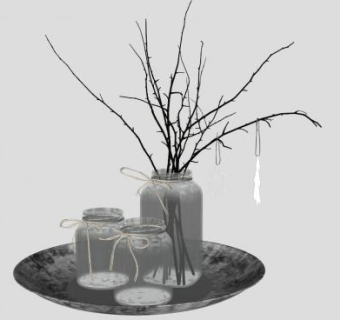 盘中的玻璃花瓶枯枝装饰品SU模型下载_sketchup草图大师SKP模型