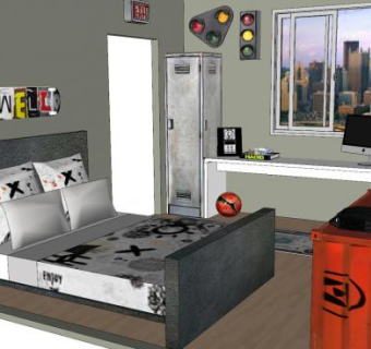 现代工业风儿童卧室SU模型下载_sketchup草图大师SKP模型