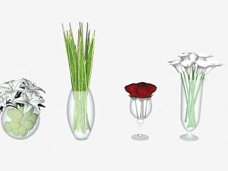 现代玻璃花瓶鲜花摆件SU模型下载_sketchup草图大师SKP模型