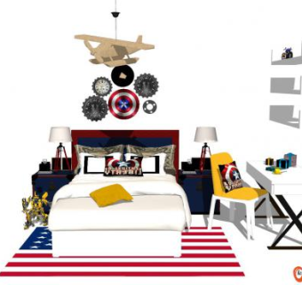 现代美式儿童卧室SU模型下载_sketchup草图大师SKP模型