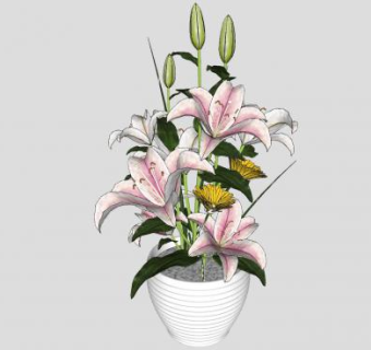 陶瓷花盆百合花SU模型下载_sketchup草图大师SKP模型