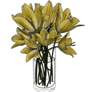 黄百合花束花瓶SU模型下载_sketchup草图大师SKP模型
