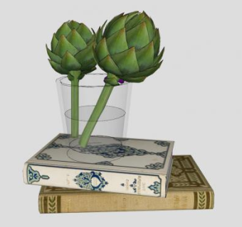 书本和花瓶植物SU模型下载_sketchup草图大师SKP模型