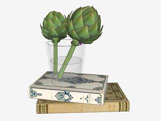 书本和花瓶植物SU模型下载_sketchup草图大师SKP模型