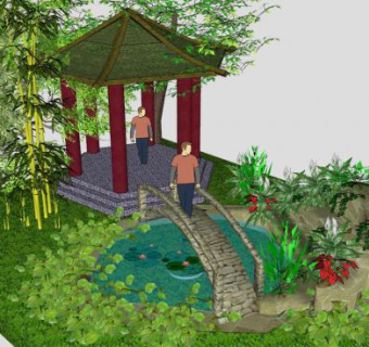 中式凉亭花园SU模型下载_sketchup草图大师SKP模型