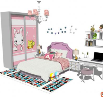 现代女孩儿童房设计SU模型下载_sketchup草图大师SKP模型
