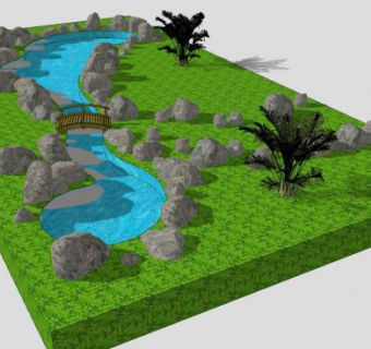 有岩石和桥的小溪公园SU模型下载_sketchup草图大师SKP模型