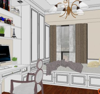 现代简约书房卧室SU模型下载_sketchup草图大师SKP模型