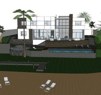 带海滩和花园的现代别墅SU模型下载_sketchup草图大师SKP模型