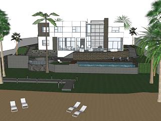 带海滩和花园的现代别墅SU模型下载_sketchup草图大师SKP模型