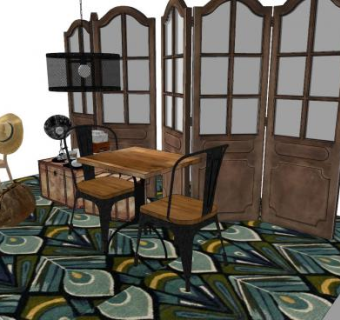 复古屏风桌椅家具SU模型下载_sketchup草图大师SKP模型