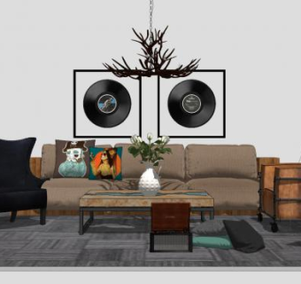 工业风客厅家装设计SU模型下载_sketchup草图大师SKP模型