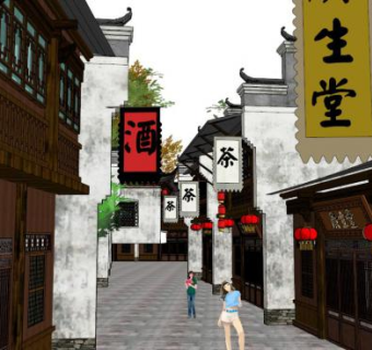 精细商业古街设计su模型下载_sketchup草图大师SKP模型