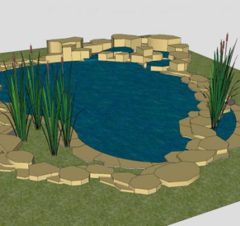 鱼塘水景和瀑布设计SU模型下载_sketchup草图大师SKP模型