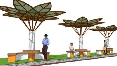 异形树叶形状廊架座椅su模型下载_sketchup草图大师SKP模型