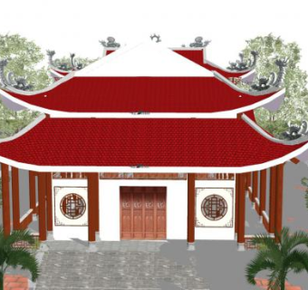 中式寺庙建筑外观SU模型下载_sketchup草图大师SKP模型