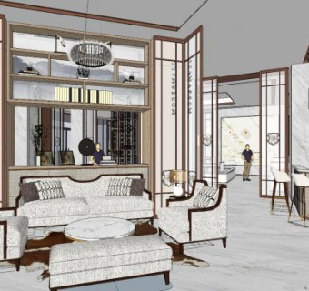 新中式售楼处休息区SU模型下载_sketchup草图大师SKP模型