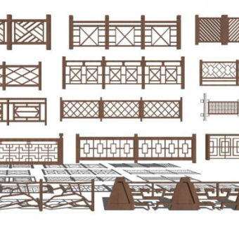 木质围墙栏杆su模型下载_sketchup草图大师SKP模型