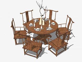 中式圆形6人座餐桌椅SU模型下载_sketchup草图大师SKP模型