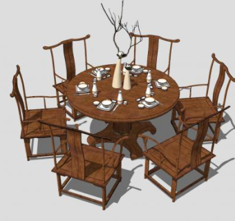 中式圆形6人座餐桌椅SU模型下载_sketchup草图大师SKP模型
