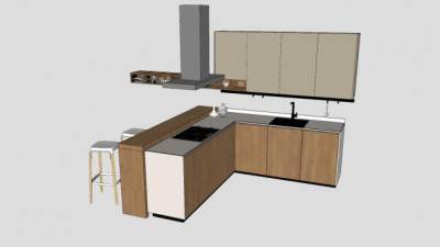 L型厨房橱柜吧台SU模型下载_sketchup草图大师SKP模型