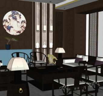 新中式别墅室内su模型下载_sketchup草图大师SKP模型