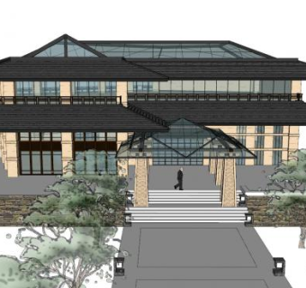 新中式建筑售楼处SU模型下载_sketchup草图大师SKP模型