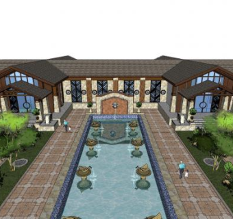 中式别墅小区售楼处SU模型下载_sketchup草图大师SKP模型