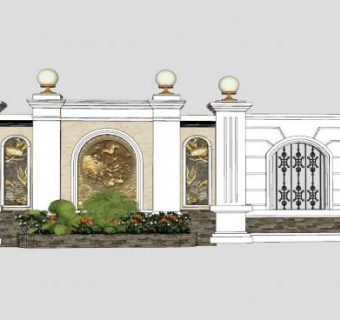 欧式景墙围墙SU模型下载_sketchup草图大师SKP模型