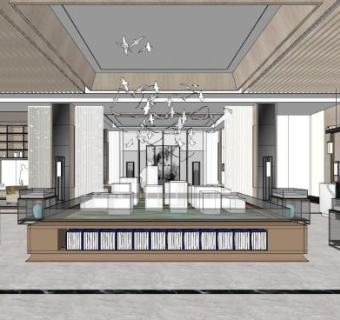 新中式售楼中心室内SU模型下载_sketchup草图大师SKP模型