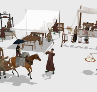 古代老街人物SU模型下载_sketchup草图大师SKP模型