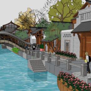 中式河道景观su模型下载_sketchup草图大师SKP模型