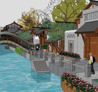 中式河道景观su模型下载_sketchup草图大师SKP模型
