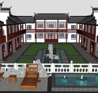 徽派四合院建筑su模型下载_sketchup草图大师SKP模型