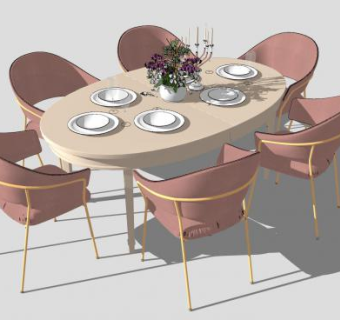 椭圆形餐桌椅SU模型下载_sketchup草图大师SKP模型