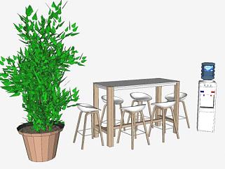 吧台桌椅饮水机和盆栽SU模型下载_sketchup草图大师SKP模型