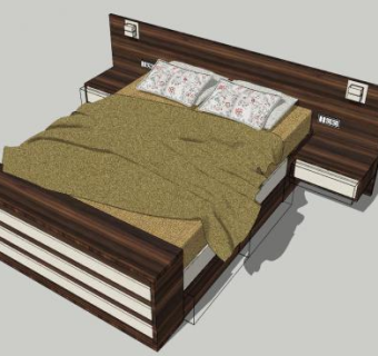 现代木制双人床床铺SU模型下载_sketchup草图大师SKP模型