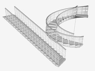 弧形直形楼梯SU模型下载_sketchup草图大师SKP模型