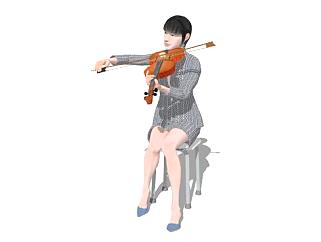 拉小提琴女士坐姿SU模型下载_sketchup草图大师SKP模型