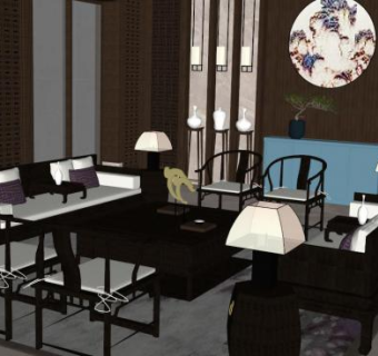 新中式室内su模型下载_sketchup草图大师SKP模型