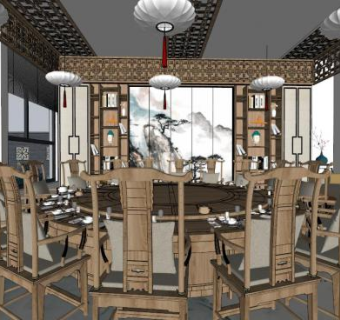 新中式酒店餐厅su模型下载_sketchup草图大师SKP模型