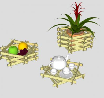 竹制托盘盆栽装饰SU模型下载_sketchup草图大师SKP模型