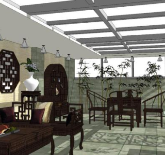 新中式阳光房su模型下载_sketchup草图大师SKP模型