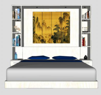 带书柜的床铺SU模型下载_sketchup草图大师SKP模型