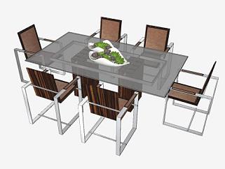 六人餐桌椅家具SU模型下载_sketchup草图大师SKP模型