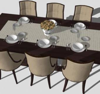 六人现代餐桌su模型下载_sketchup草图大师SKP模型